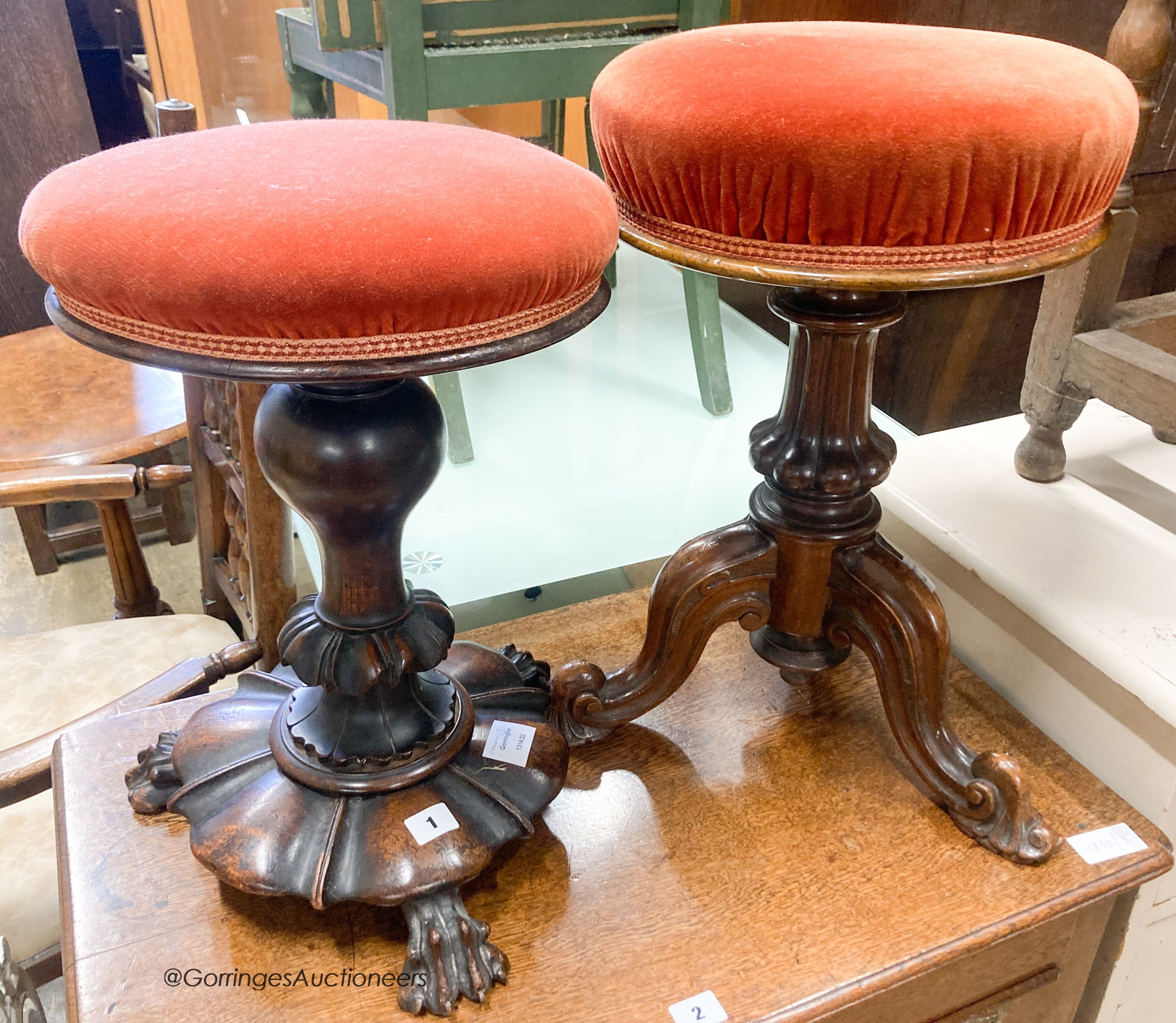 Two Victorian revolving adjustable piano stools